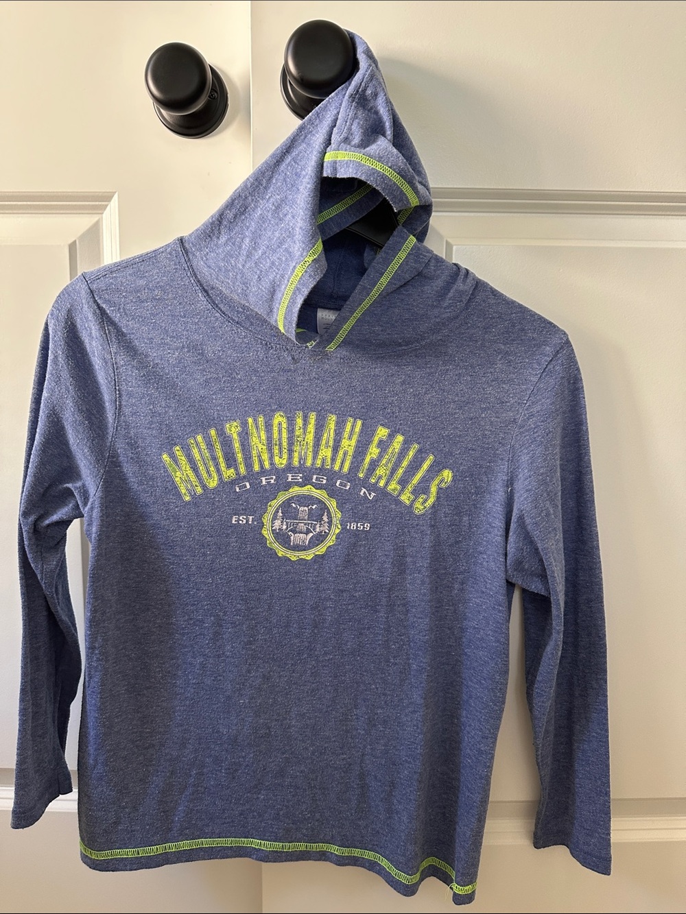 Kids Blue Multnomah Falls Hooded Sweatshirt with Lime Accents